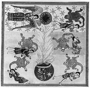 "Syvyydestä nousevasta savusta syntyy skorpioneja, jotka ruoskivat ihmisiä", Asturian munkin Beatus of Liebana Commentary on the Apocalypse, n.776, kuvitus teoksesta "Science and Li" tekijältä Spanish School